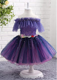 Popular Tulle Off-the-shoulder Neckline Ball Gown Flower Girl Dresses With Beadings & Handmade Flowers