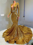 Sequined Mermaid Gold Long Sleeves Sparkle Prom Dress with Long Train