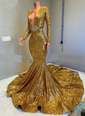 Sequined Mermaid Gold Long Sleeves Sparkle Prom Dress with Long Train