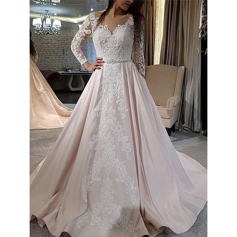 A-Line Satin Applique V-neck Long Sleeves Wedding Dress – Sassymyprom