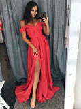 A-Line  Split Red Elastic Satin Prom Dress 