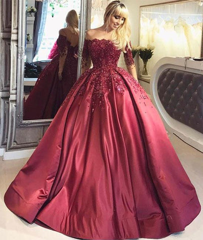 Burgundy Lace Satin Long Prom Dress