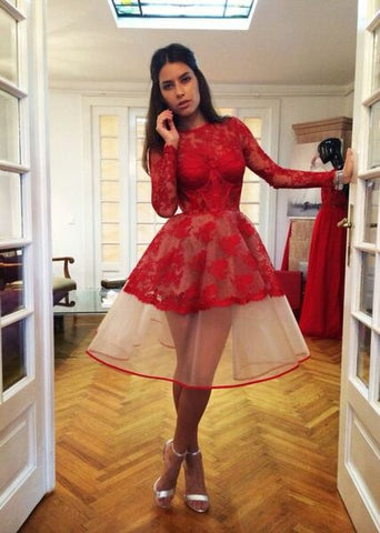 Red Long Sleeve Short Mini Two Tone Prom Dress