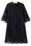 Black Openwork Stand Collar 3/4 Sleeve Lace Dress