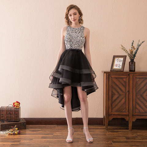 A-Line Halter Floor Length Black Open Back Lace Prom Dress with Split PG742