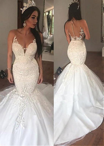 Tulle Sheer Jewel Lace Appliques Mermaid Wedding Dress