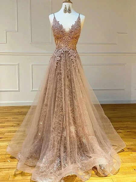 Champagne A Line V Neck Sparkle Lace Long Prom Dress Champagne A Line V Neck Sparkle Lace Long Prom Dress