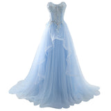 Ice Blue Lace Up Tulle Beaded Long Evening Prom Dresses 