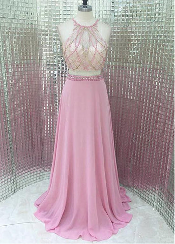 Attractive Chiffon & Tulle Halter Neckline A-line Two Piece Prom Dresses With Beadings