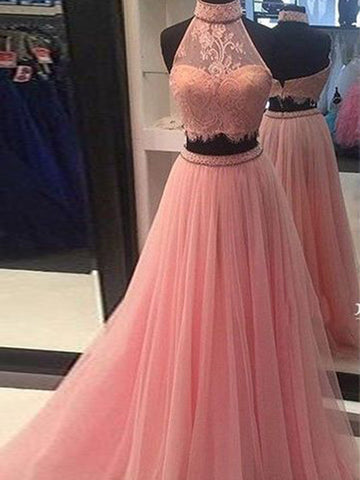 High Neck Tulle Lace Pink Two Piece Prom Dress