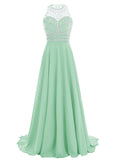 Women Long Chiffon Beadings Scoop Prom Party Dresses Evening Gown