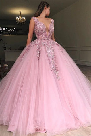 V Neck Pink Beading Elegant Ball Gown Prom Dress