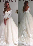  Tulle V-neck Lace Appliques Long Sleeves A-line Wedding Dress