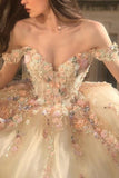 Off The Shoulder Flower Colorful Tulle Romantic Ball Gown Wedding Dress