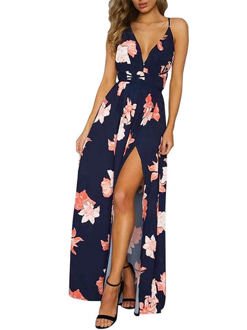 Deep V Neck Backless Floral Print Split Maxi Party Dress