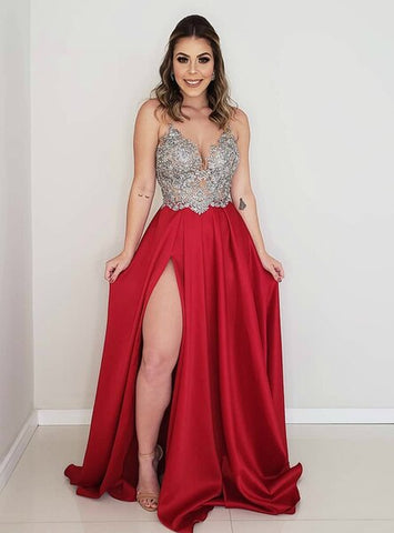 Red Satin Appliques Sexy Backless A-Line Prom Dress With Side Split