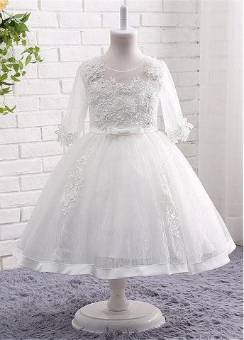 Chic Tulle & Lace Scoop Neckline 3/4 Length Sleeves Ball Gown Flower Girl Dresses With Beaded Lace Appliques