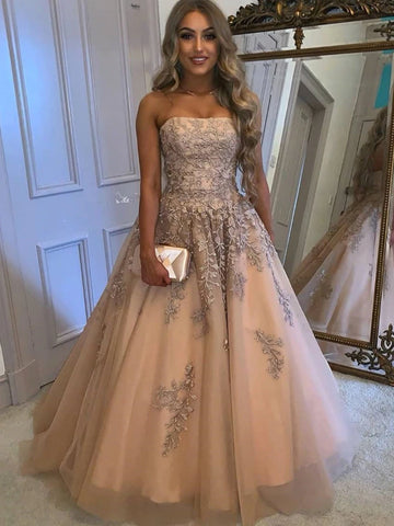Strapless Champagne Appliques Beading A Line Prom Dress