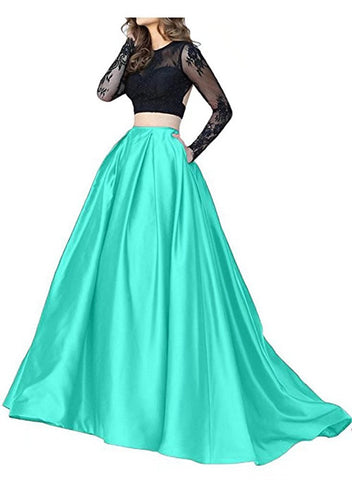 Green Long Sleeve Two Piece Prom Dress