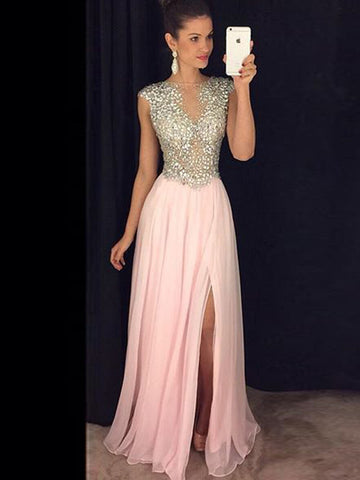 Pink Princess Slit Bateau Chiffon Sequin Prom Dress