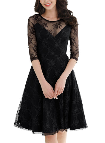 Women's Vintage Floral Lace Net 3/4 Sleeve Sexy Swing Dress – Sassymyprom