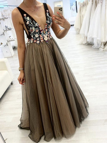 Tulle A Line 3D Flower V Neck Brown Coffee Appliques Prom Dress