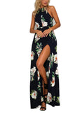 Black Halter Split Floral Beach Party Maxi Dress