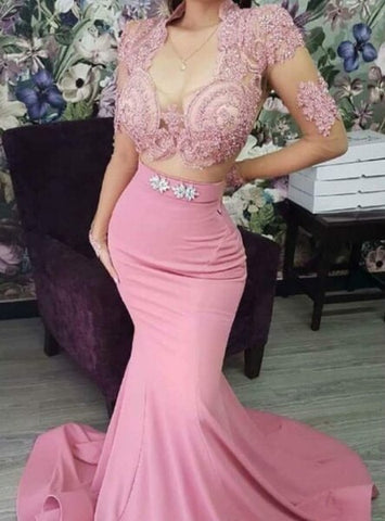 Long Sleeve Appliques Two Piece Satin V-neck Prom Dress