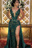 Side-Slit Sleeveless Green V Neck Appliques A-Line Prom Dress