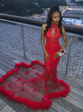Appliques High Neck Red Mermaid Tulle Prom Dress With Crystal