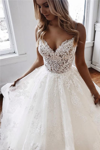Lace Appliques Puffy Tulle Sexy Spaghetti Straps Wedding Dress
