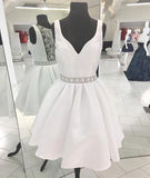 Pretty White V Neck Beads Short Prom Homecoming Dress