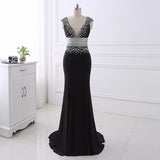 Black Crystal Belt Mermaid V Back Prom Dress