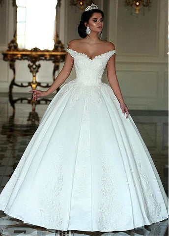Beading Satin Off-the-shoulder Long Ball Gown Wedding Dress