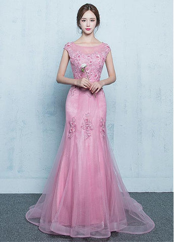 Lace Appliques Tulle Jewel Pink Mermaid Prom Dress