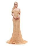 Lace Spaghetti Straps Gold Long Mermaid Evening Dress