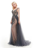  Rhinestones Gray Tulle V Neck Backless Prom Dress