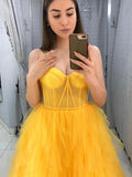 Sweetheart Puffy Yellow Tulle Long See Through Prom Dress
