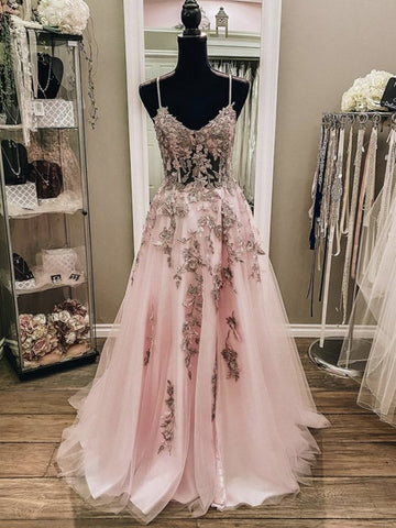 Tulle A Line Appliques Spaghetti Straps Pink Formal Prom Dress