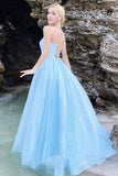 Sky Blue Sparkle Sequin Hater Backless Sexy A Line Prom Dress