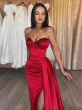 Ruched Sweetheart Red Satin Mermaid Prom Dress
