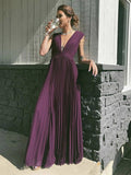 Chiffon Pleats Floor Length V Neck Grape Prom Dress