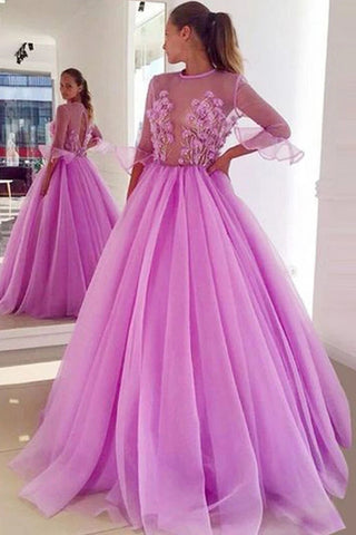 See Through 3D Flower Pink Long Sleeve A Line Prom Dress