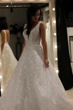 A-Line V-Neck Sequin Sparkly Wedding Dress
