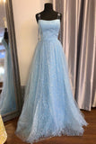 A-Line Light Sky Blue Spaghetti Straps Prom Dress with Appliques