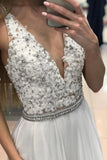 A Line V Neck Long White Lace Beaded Prom Dress with Belt