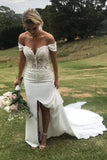 Appliques Sexy White Mermaid Satin Off the Shoulder Wedding Dress