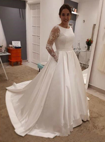White Satin Lace O-Neck Button Back Sweep Train Long Sleeve Wedding Dress