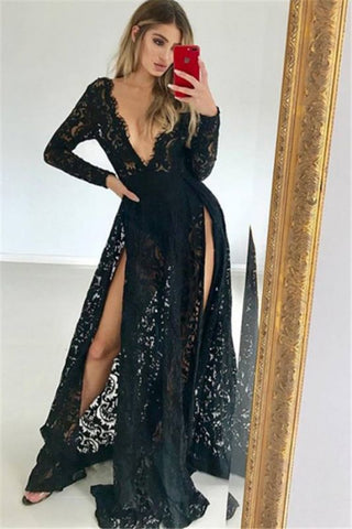 Side-Slit Sexy Black Lace V-Neck Lone Sleeves Prom Dress