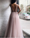 Long Beading Pink Tulle V-Neck Beading Pleats Prom Dress